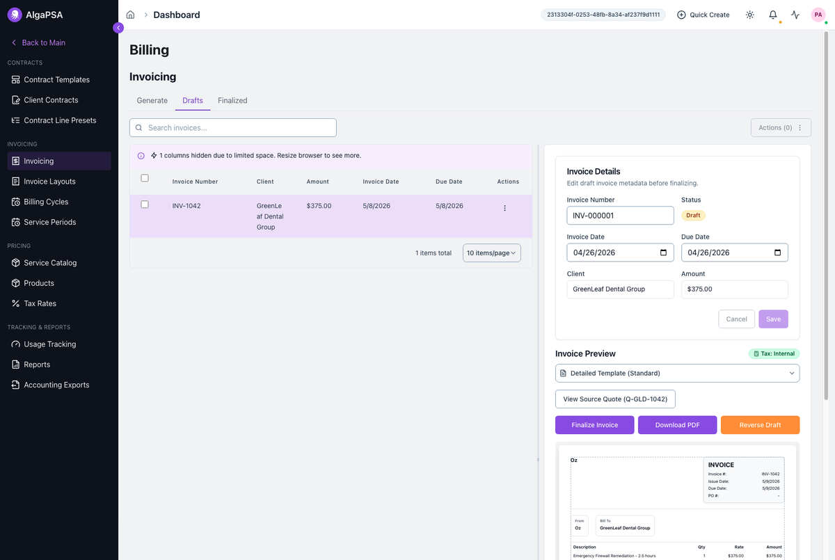Draft invoice view showing GreenLeaf Dental support time in the invoice preview