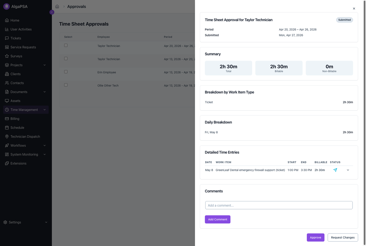 Time sheet approval detail showing billable support time ready for manager approval