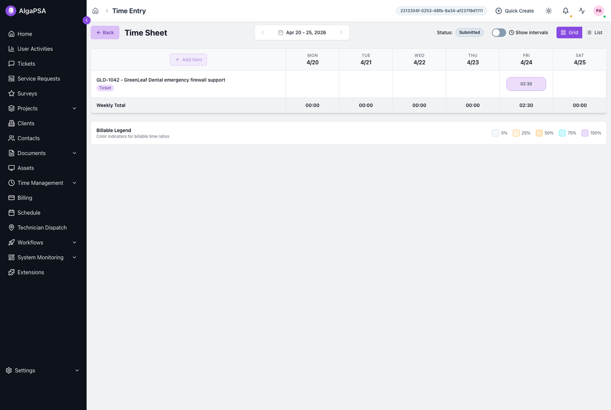Time sheet grid showing billable GreenLeaf Dental support time