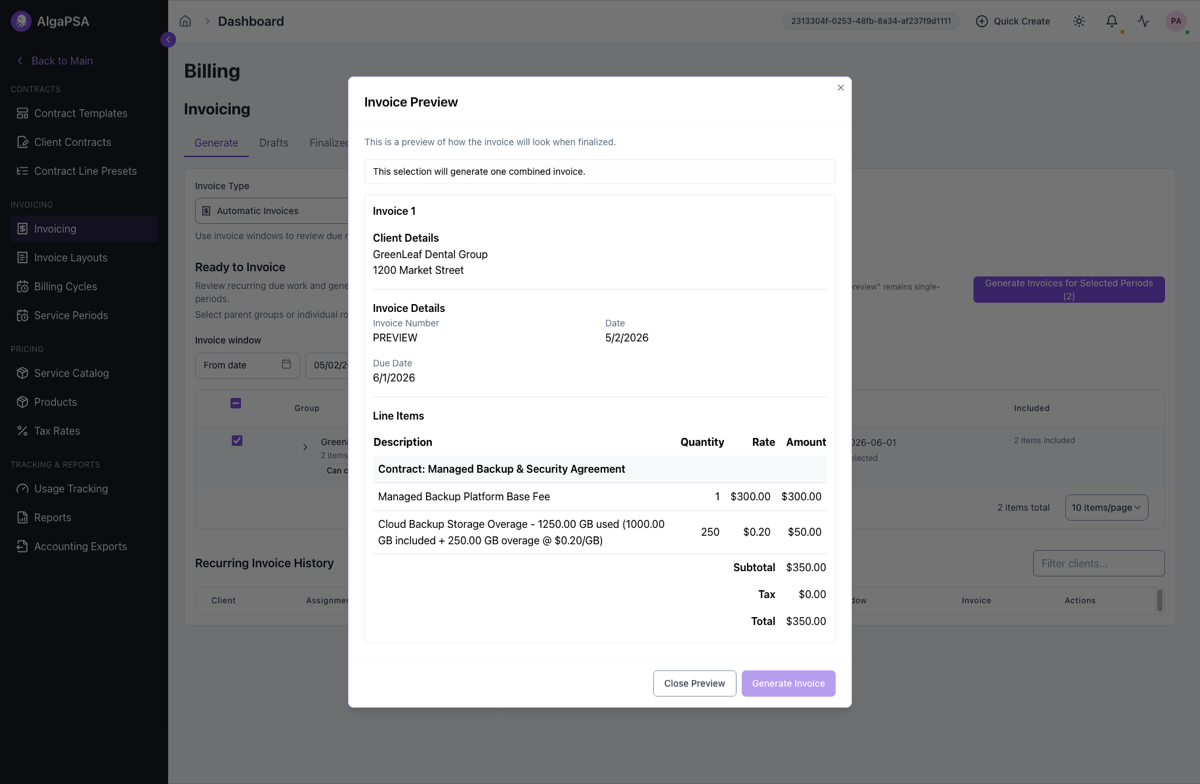 Invoice preview showing a $300 base fee and $50 backup storage overage