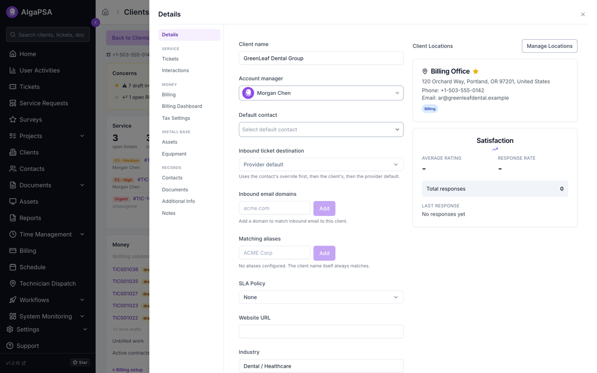 AlgaPSA client record drawer on the Details tab with editable fields for client name, account manager, default contact, SLA policy, website, and industry
