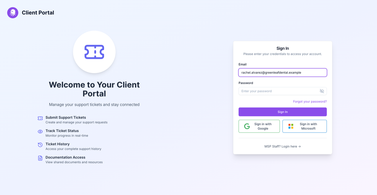 The AlgaPSA client portal sign-in page with email and password fields alongside Sign in with Google and Sign in with Microsoft buttons.