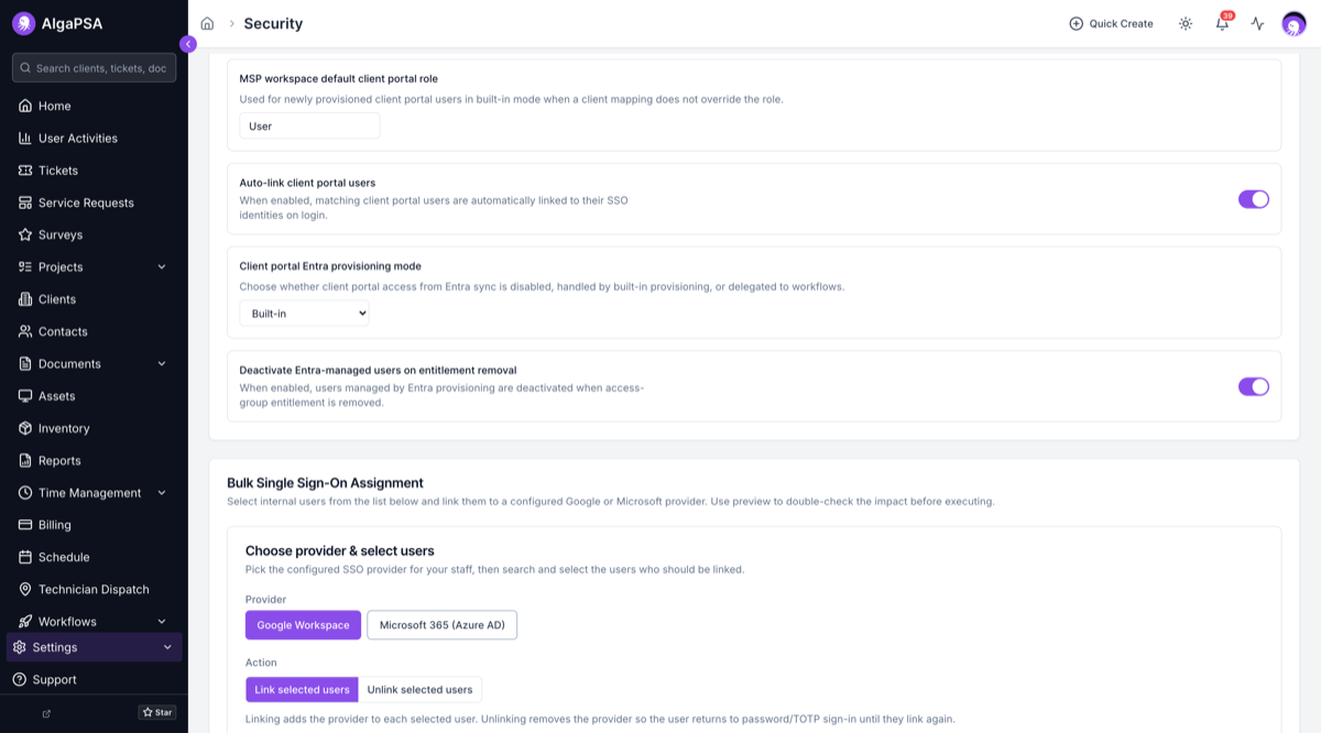 Client portal SSO settings showing the default portal role, auto-link toggle, Entra provisioning mode, and deactivation-on-entitlement-removal switch.