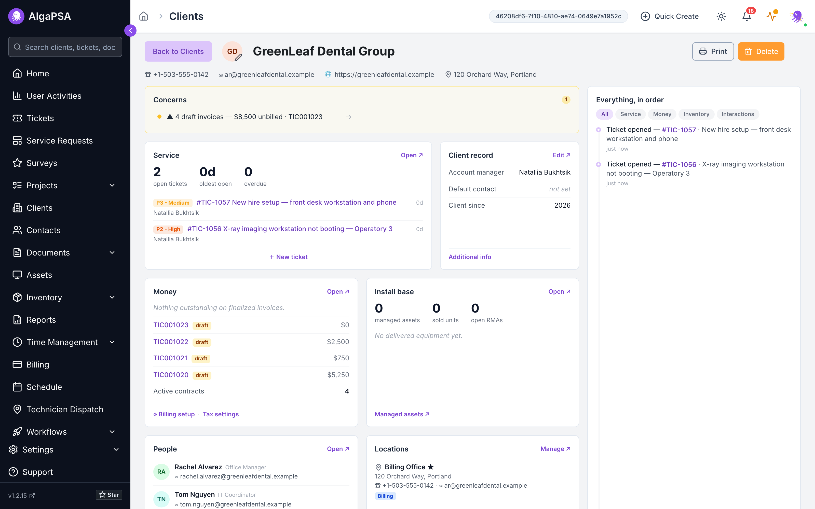 Client command center for GreenLeaf Dental Group showing the concerns strip, service and money cards, and the client timeline