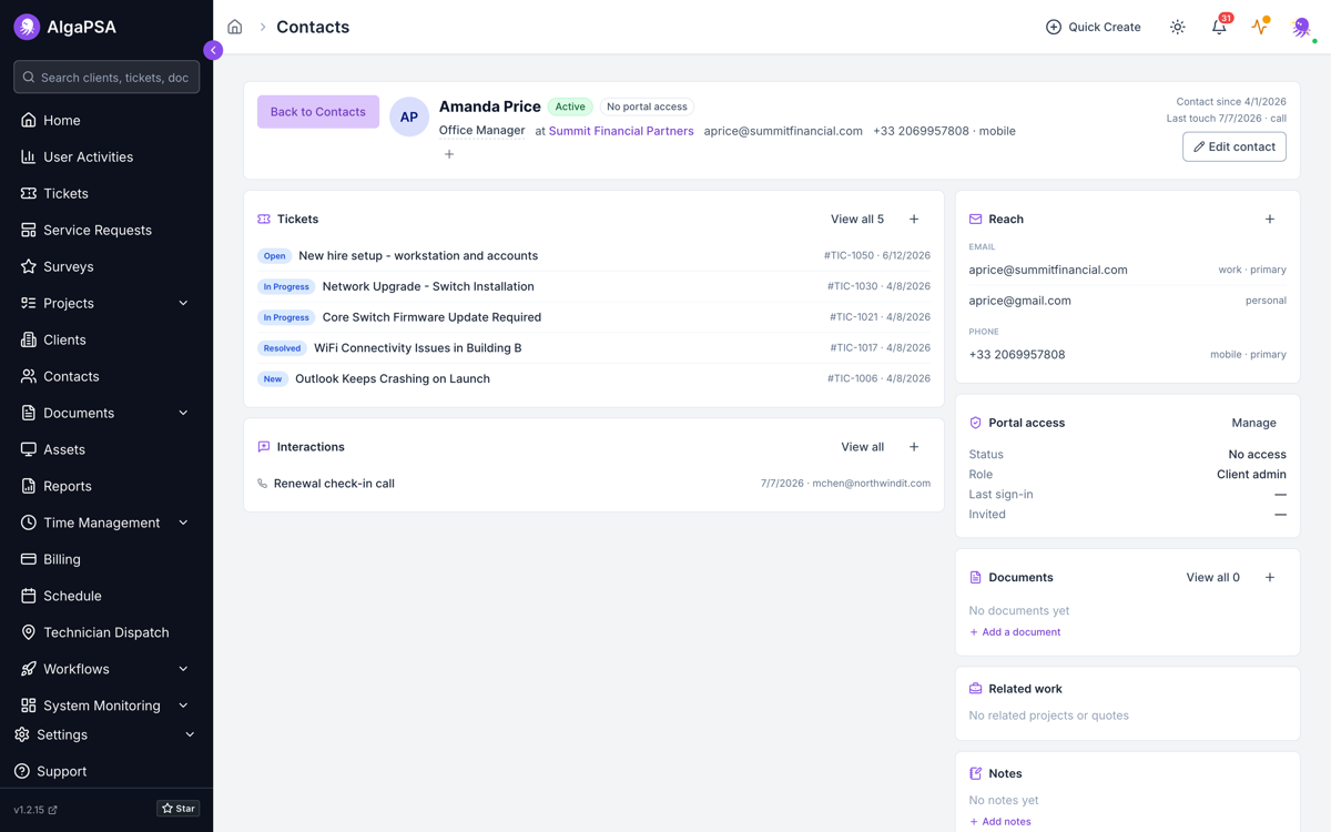 AlgaPSA contact detail page for an office manager showing cards for Tickets, Interactions, Reach, Portal access, Documents, Related work, and Notes