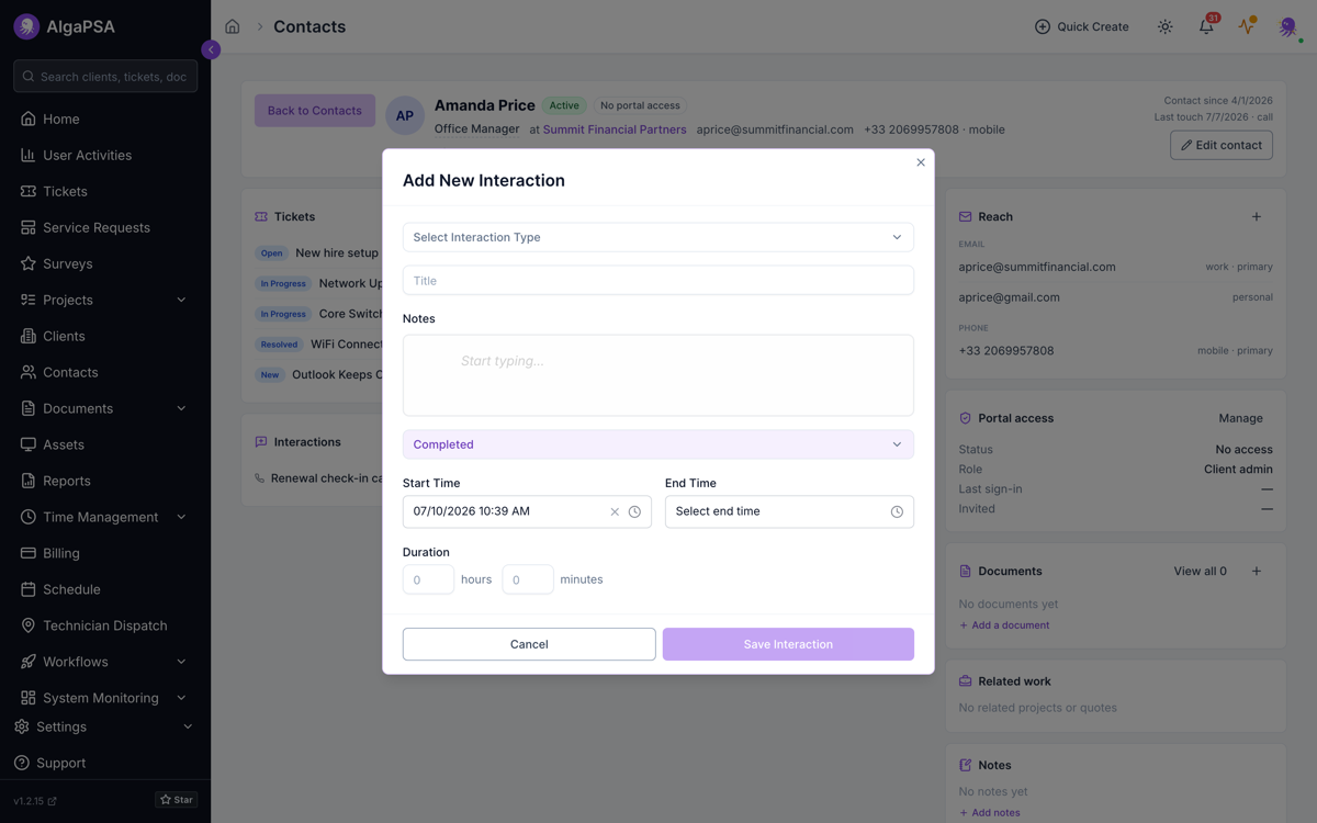 Add New Interaction dialog on a contact page with fields for interaction type, title, notes, status, start and end time, and duration