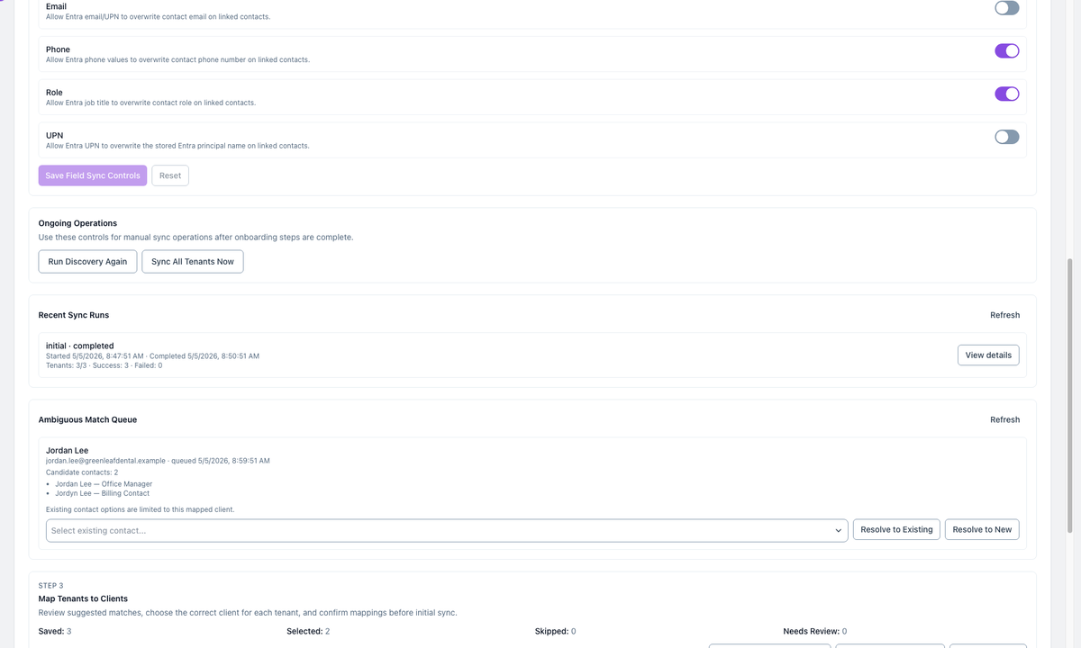 Recent Entra sync run and ambiguous match queue for Jordan Lee at GreenLeaf Dental Group