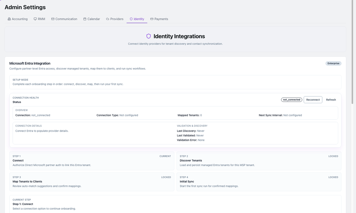 Microsoft Entra setup wizard in the Identity integrations settings page