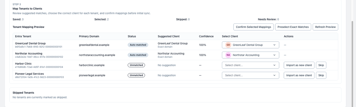 Tenant mapping preview with GreenLeaf Dental Group and Northstar Accounting matched to AlgaPSA clients