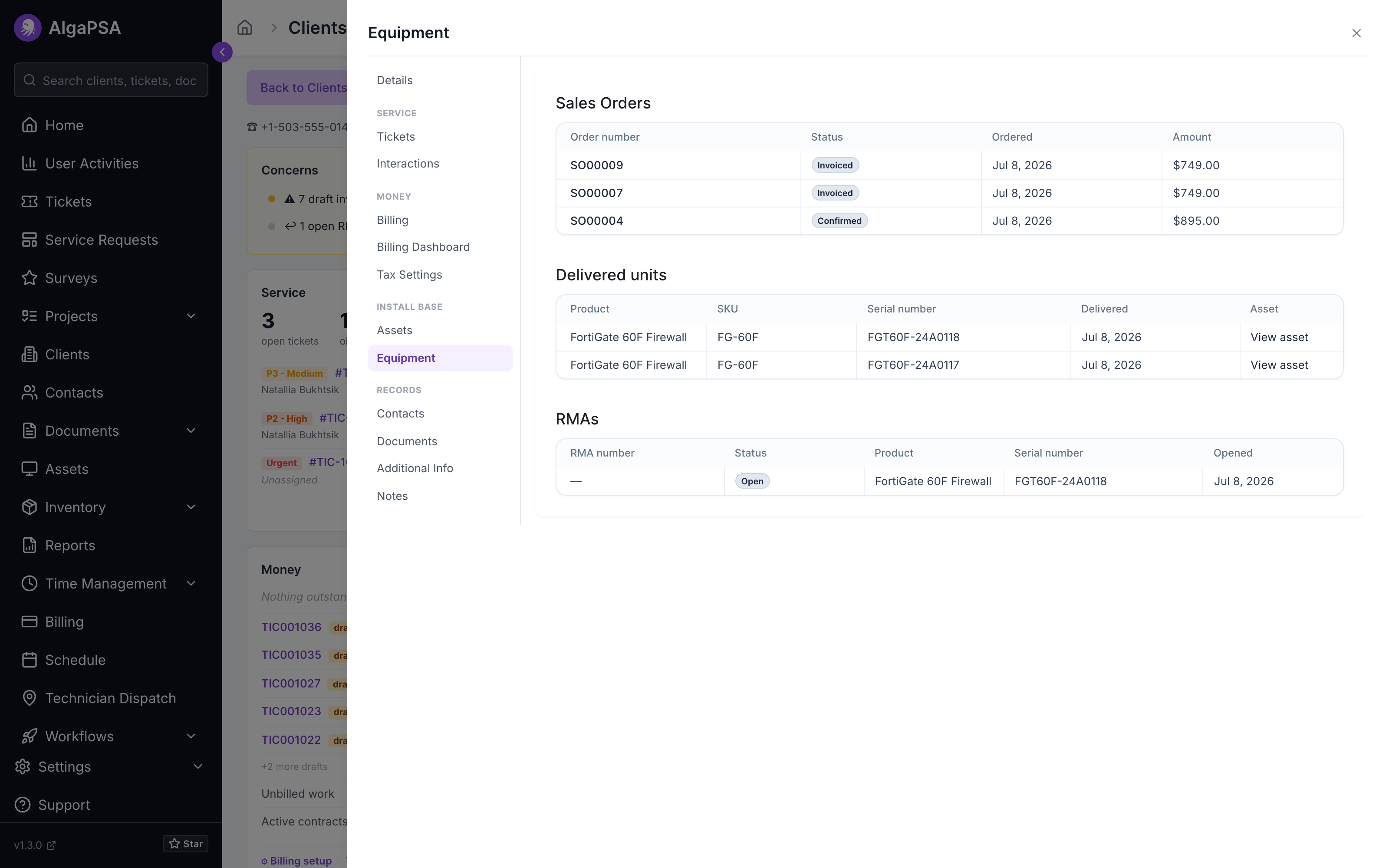 Client Equipment tab showing the client's sales orders, delivered serialized units linking to their assets, and RMAs