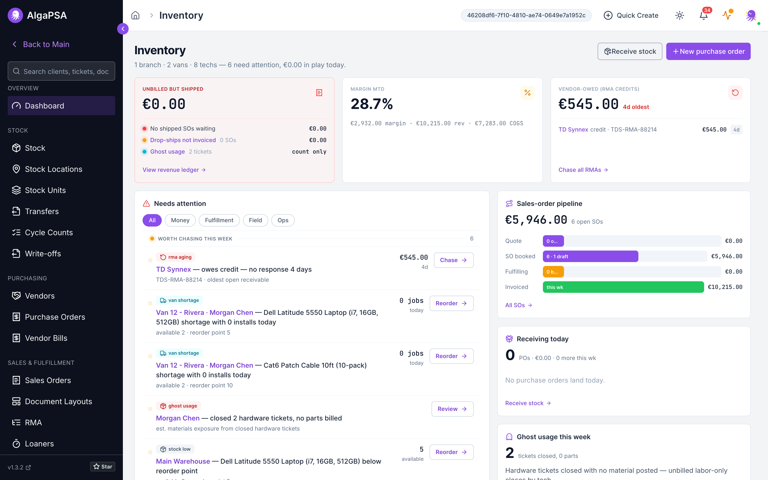 Inventory dashboard showing unbilled-but-shipped value, month-to-date margin, vendor-owed RMA credits, a ranked needs-attention worklist, the deployment and sales-order pipeline tiles, and an inventory-health footer