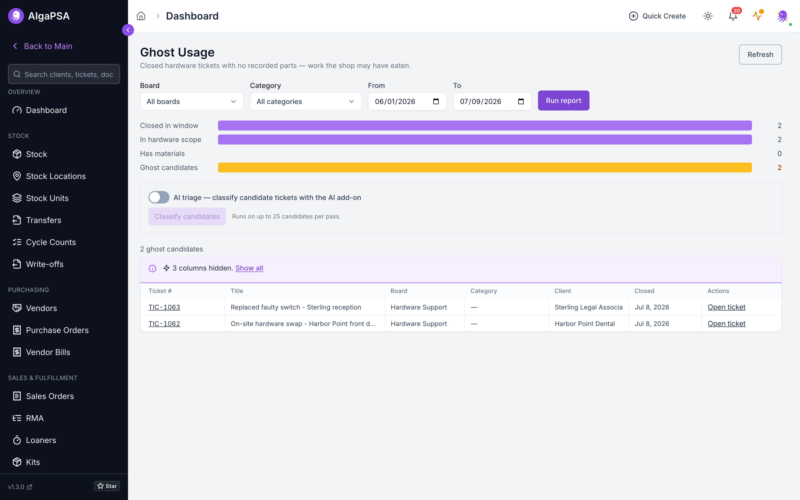 Ghost Usage report funneling closed hardware tickets down to candidates with no recorded parts, with an AI triage toggle