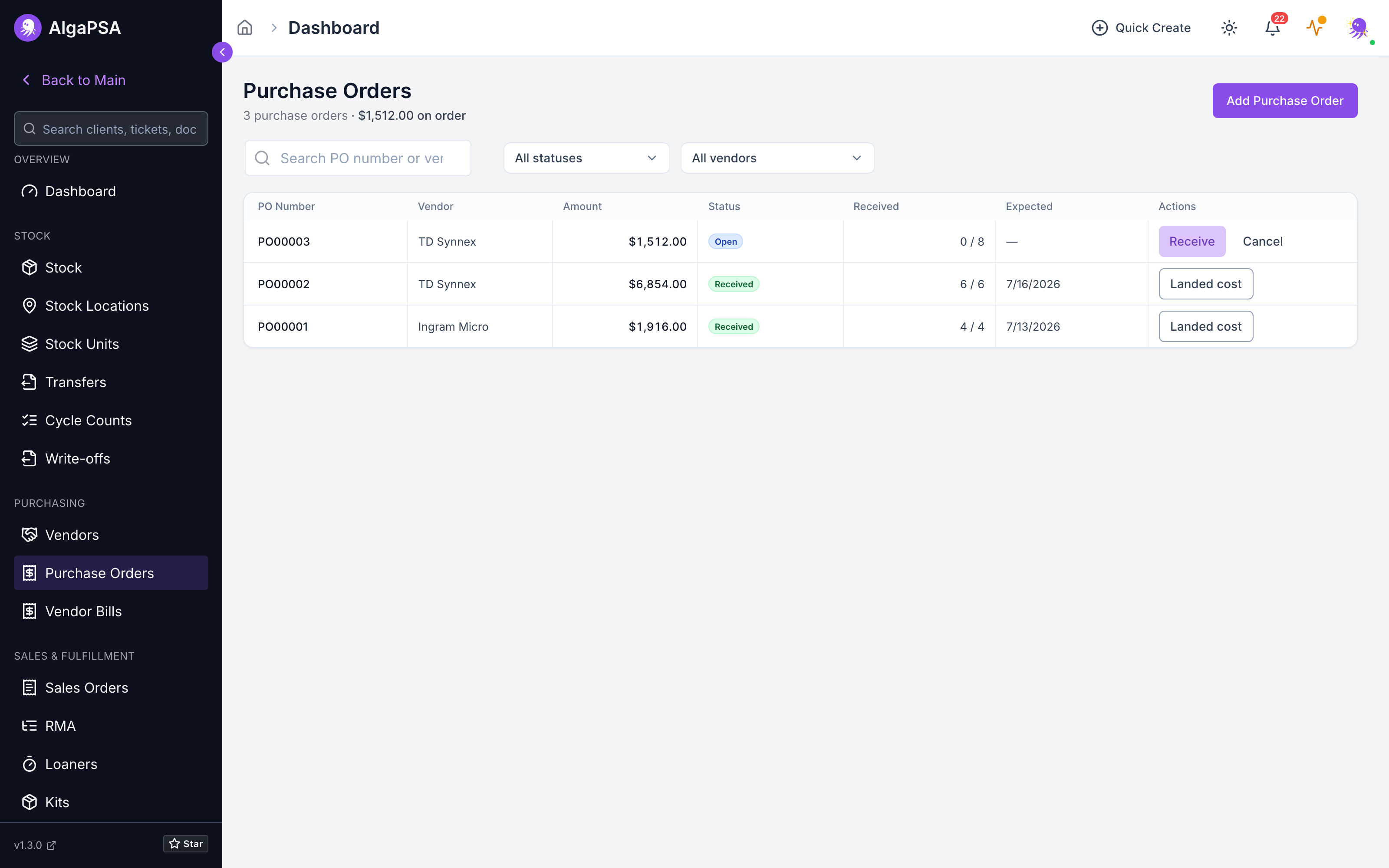 Purchase orders list showing PO number, vendor, amount, status, received progress, and expected date