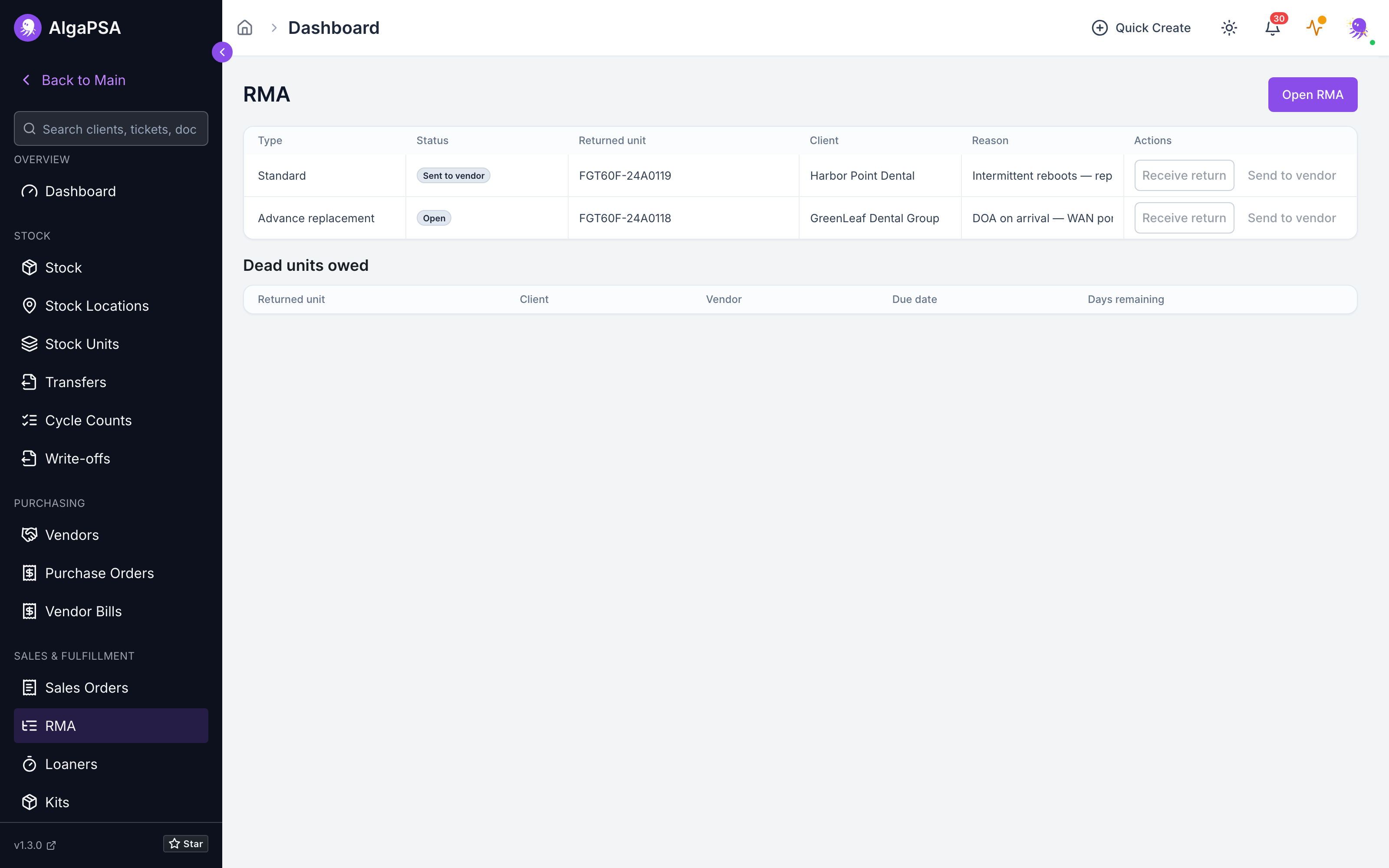 RMA screen listing cases by type and status tied to the returned unit and client, with a dead-units-owed section below