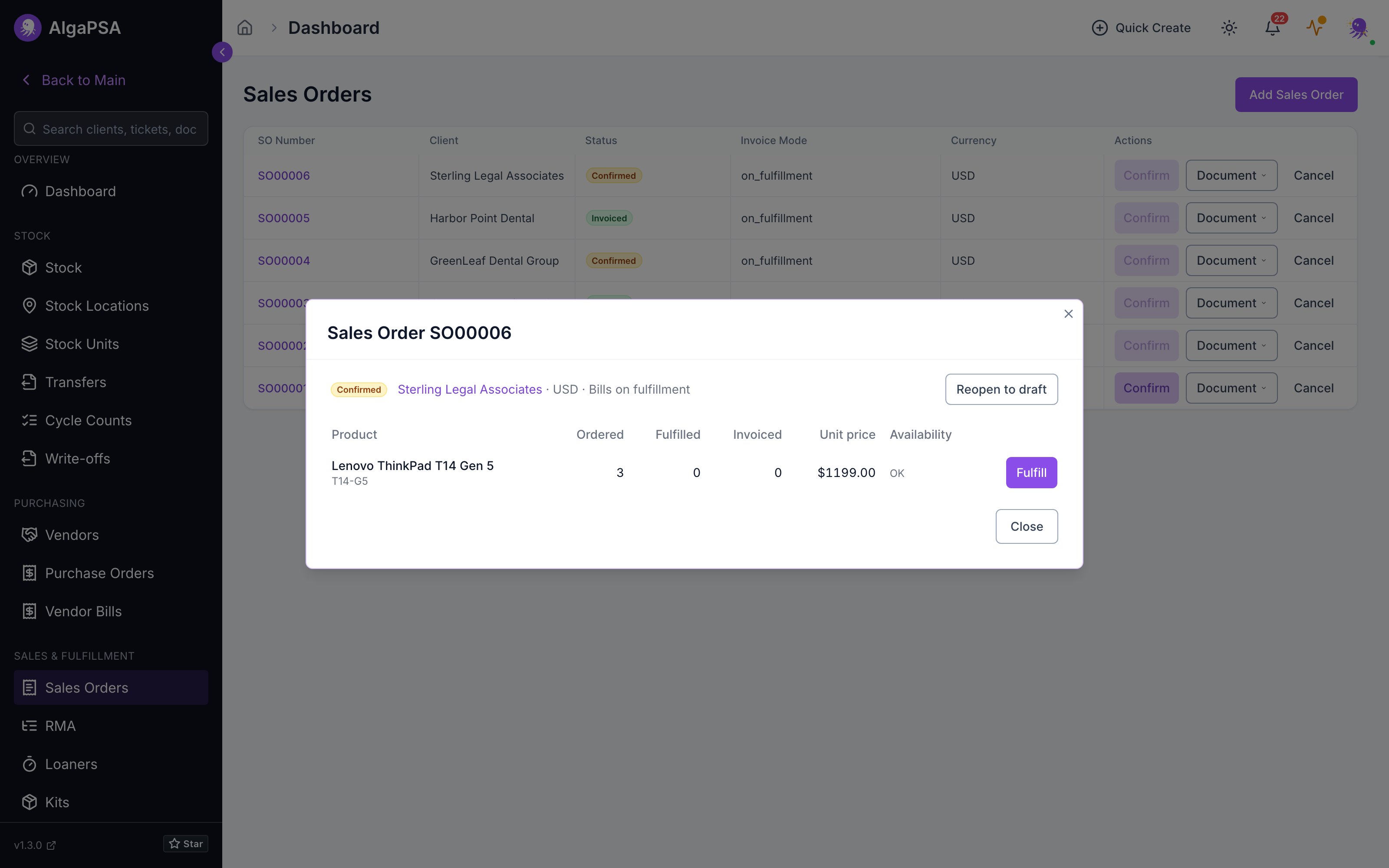Sales order detail showing ordered, fulfilled, and invoiced quantities per line with a Fulfill action, over a list of client sales orders