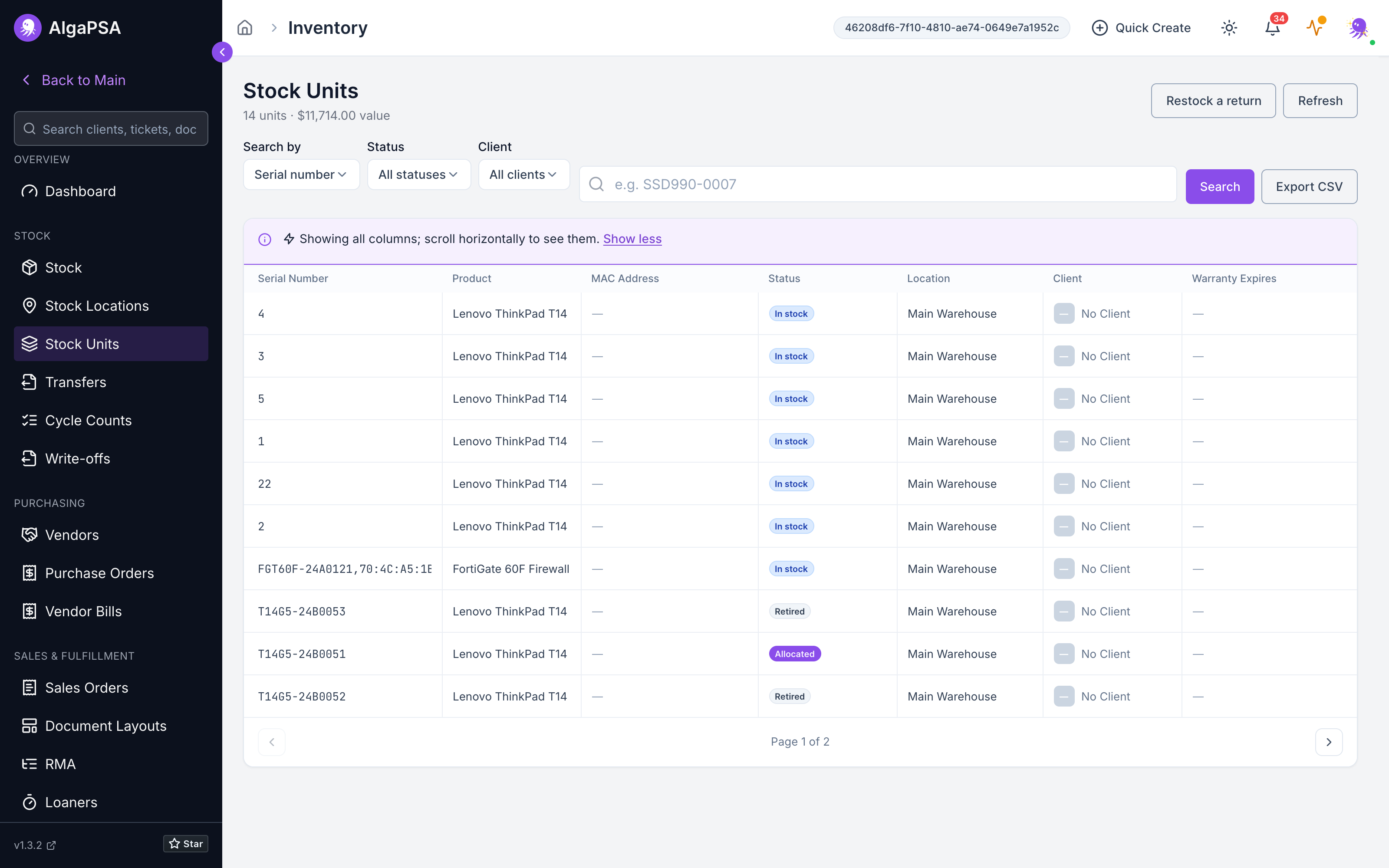 Stock Units registry listing serialized units by serial number with status badges, location, and owning client