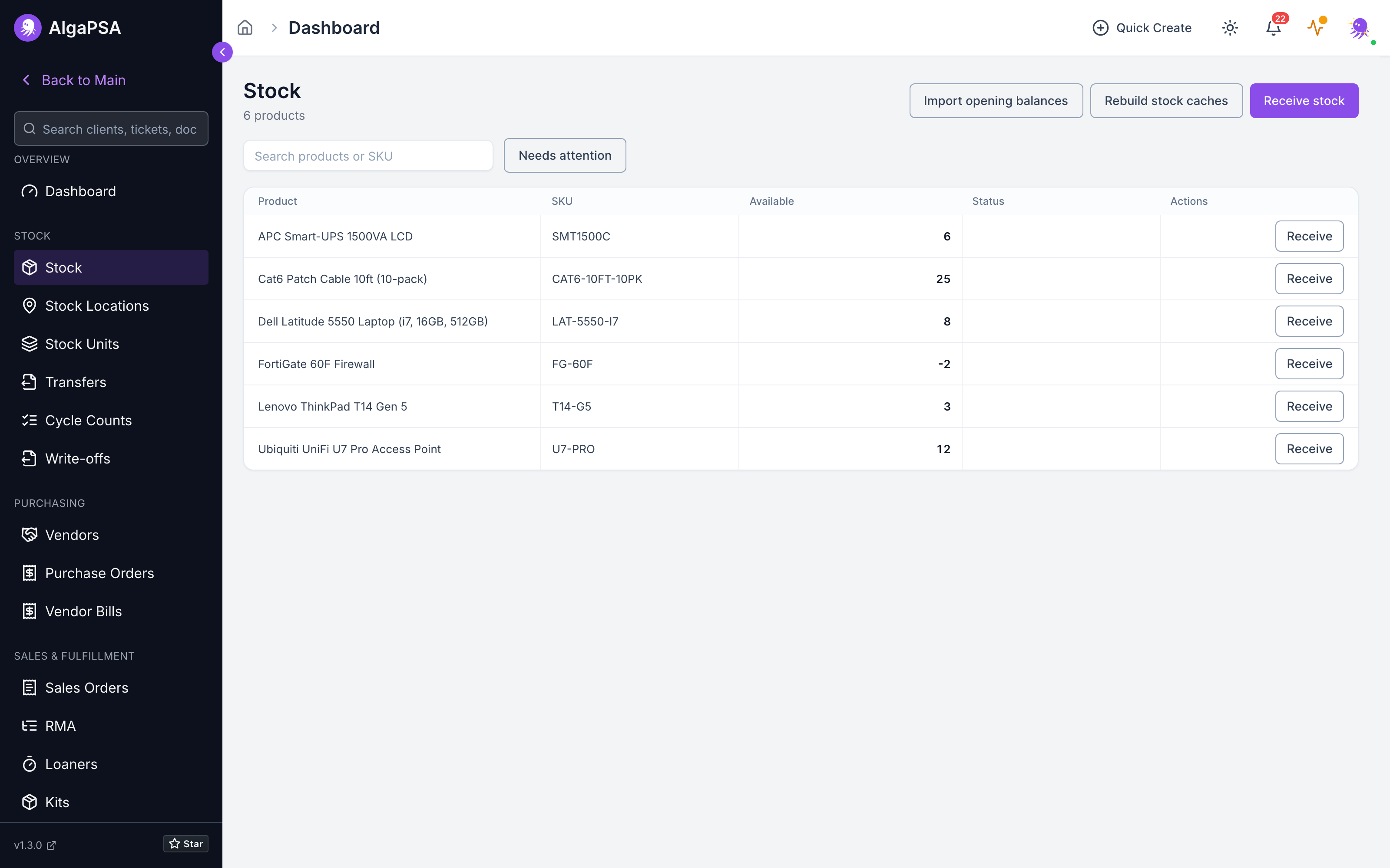Stock list showing tracked products with SKU, available quantity, and a one-click Receive action