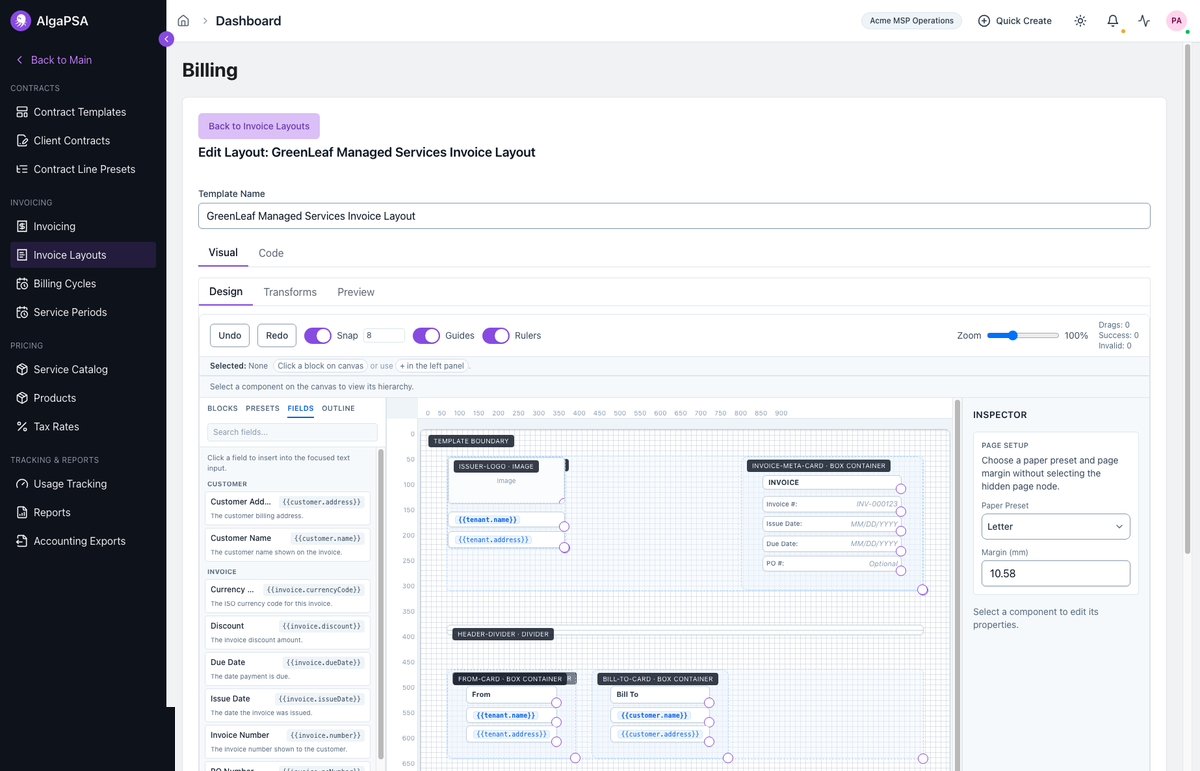 Invoice designer Fields tab showing customer, invoice, line item, and tenant fields