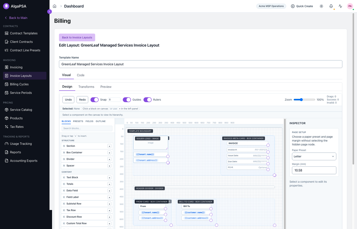 New invoice layout designer with a named custom layout and page setup controls