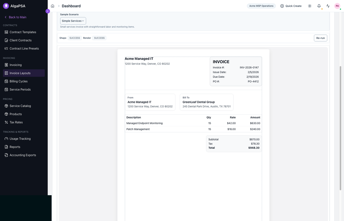 Invoice designer preview showing sample invoice rendering and success status