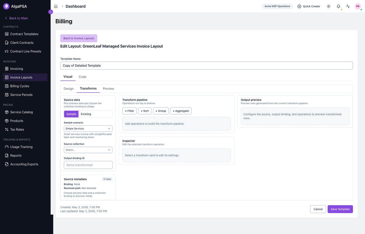 Invoice designer Transforms tab with source data, transform pipeline, inspector, and output preview