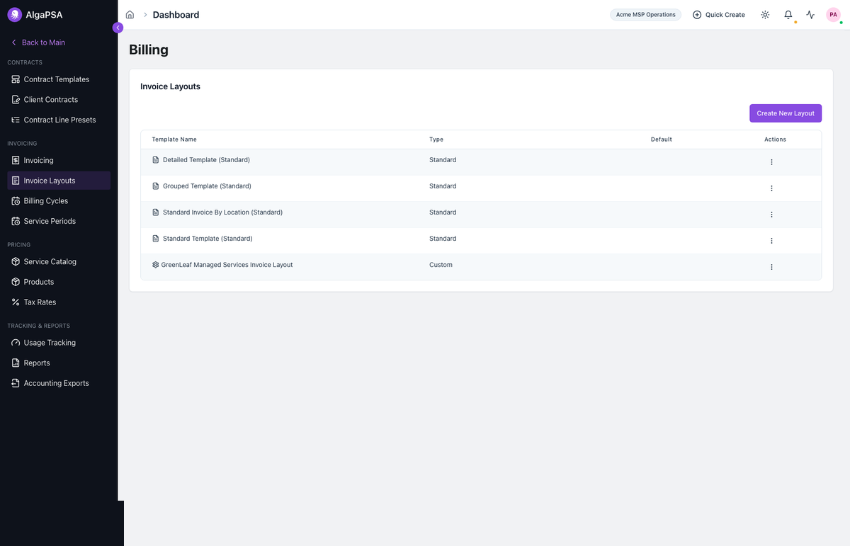 Invoice Layouts list showing standard invoice layout options
