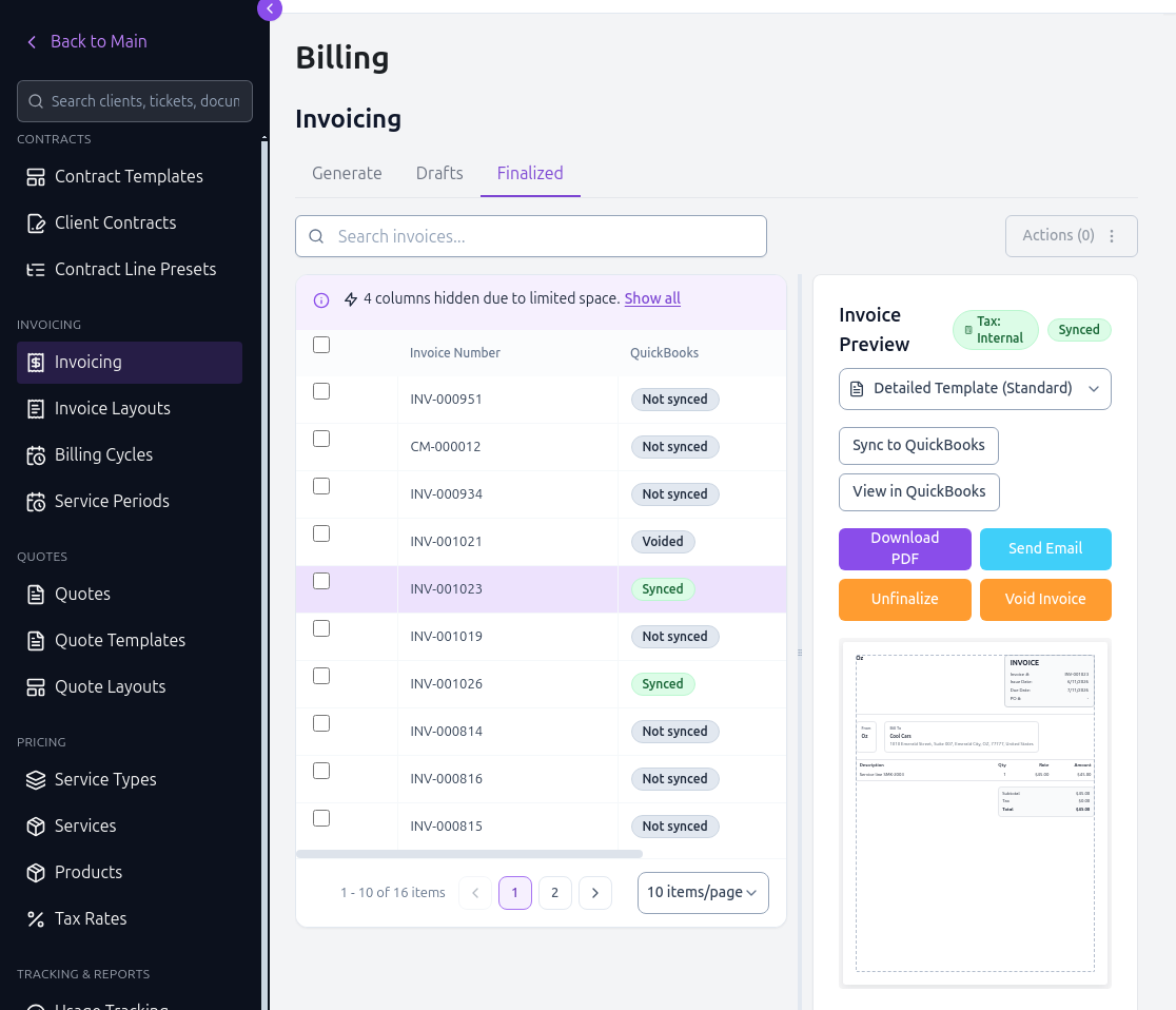 Finalized invoices list with a QuickBooks column and an invoice preview offering Sync to QuickBooks and View in QuickBooks