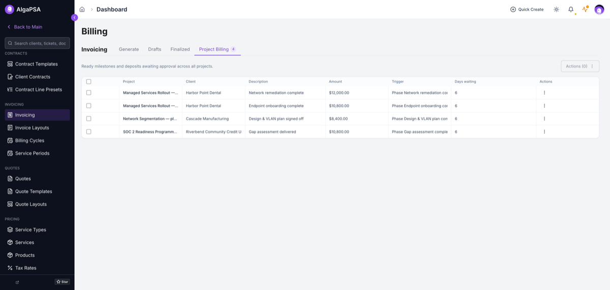 The Project Billing tab in the Invoicing Hub listing four ready milestones across three clients, with project, client, description, amount, trigger, and days waiting.