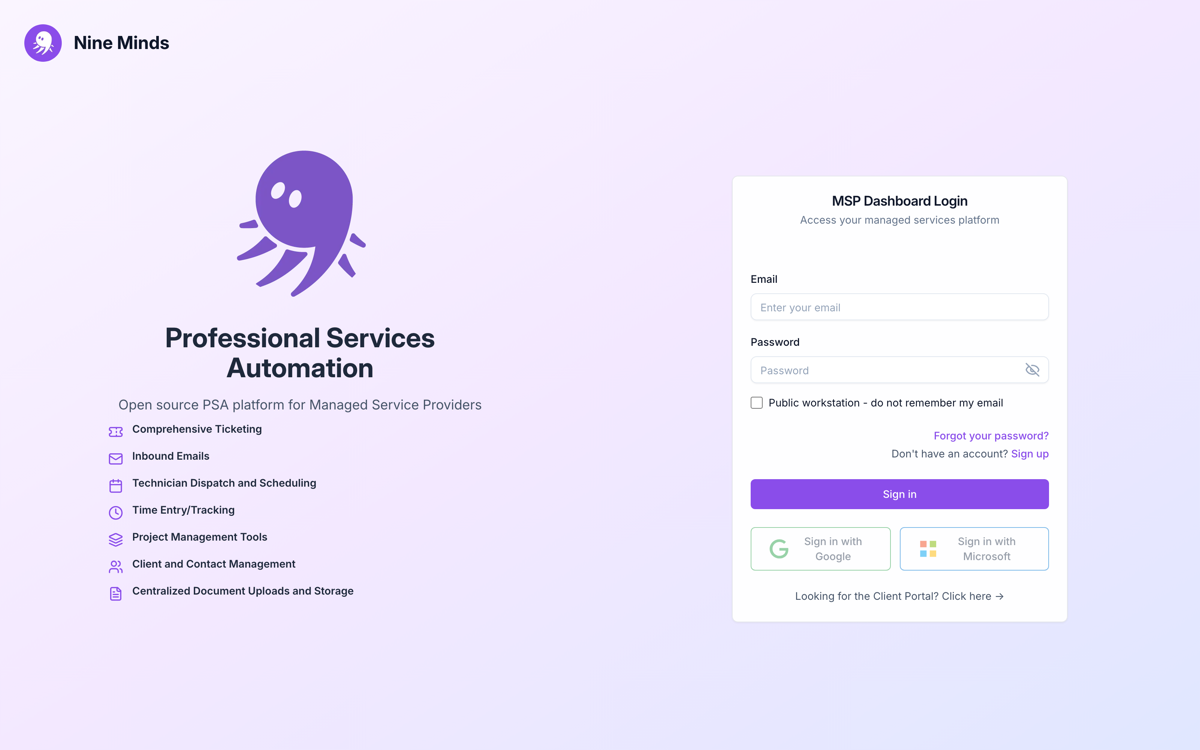 AlgaPSA MSP Dashboard Login screen with email and password fields, Google and Microsoft sign-in options, and a link to the Client Portal