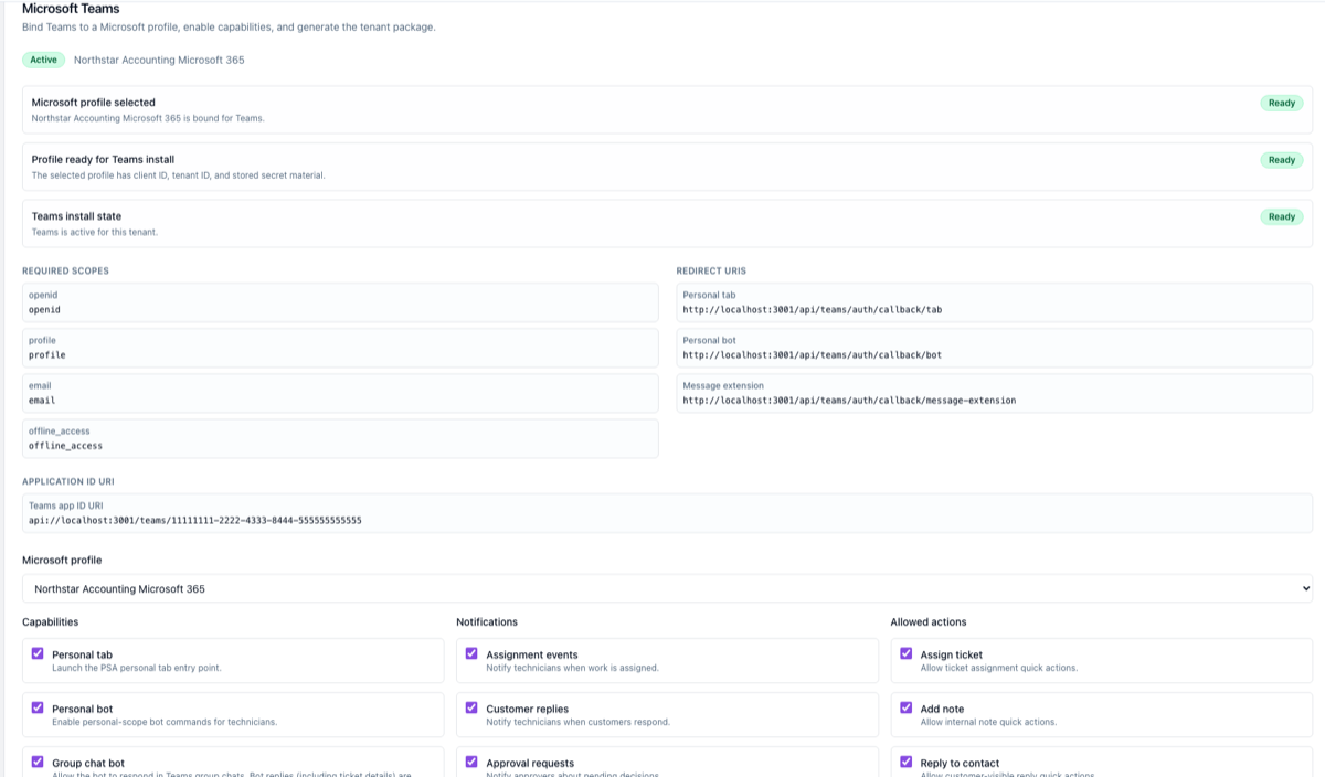 Microsoft Teams integration configured with a Northstar Accounting Microsoft 365 profile