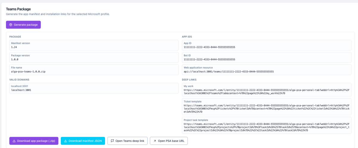 Teams package generator showing manifest version, package file, app IDs, valid domains, and Teams deep links