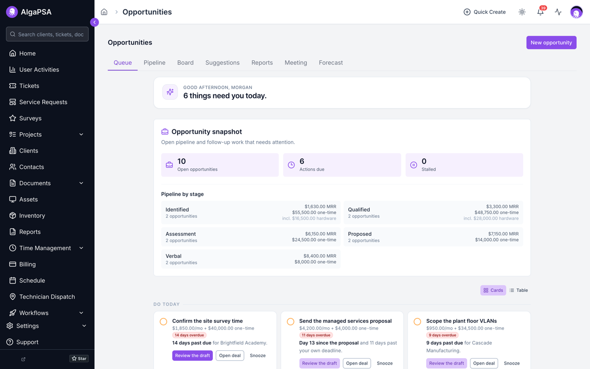 The Opportunities Queue tab showing a greeting, an opportunity snapshot with open, actions due, and stalled counts, pipeline totals by stage, and Do Today cards.