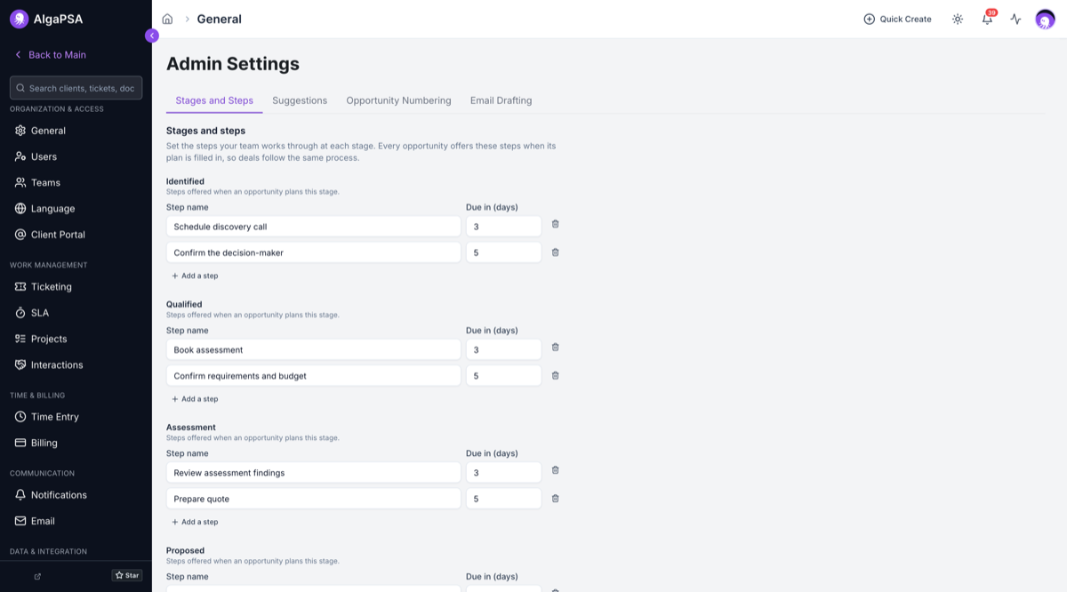 The Stages and Steps tab in opportunity settings, showing step names and due-in days configured for the Identified, Qualified, and Assessment stages.