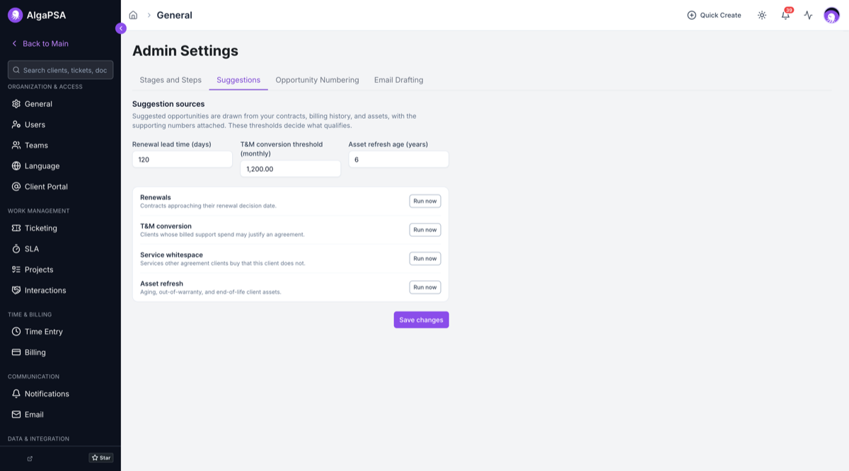 The Suggestions tab in opportunity settings, showing renewal lead time, T&M conversion threshold, and asset refresh age fields above the four generators with Run now buttons.
