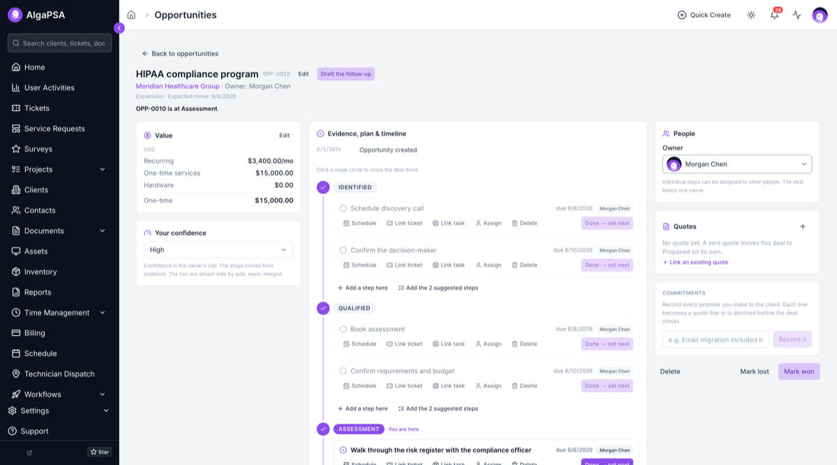 An opportunity detail screen for a HIPAA compliance program at Meridian Healthcare Group, showing value, confidence, and a stage-by-stage plan with steps under Identified, Qualified, and Assessment.