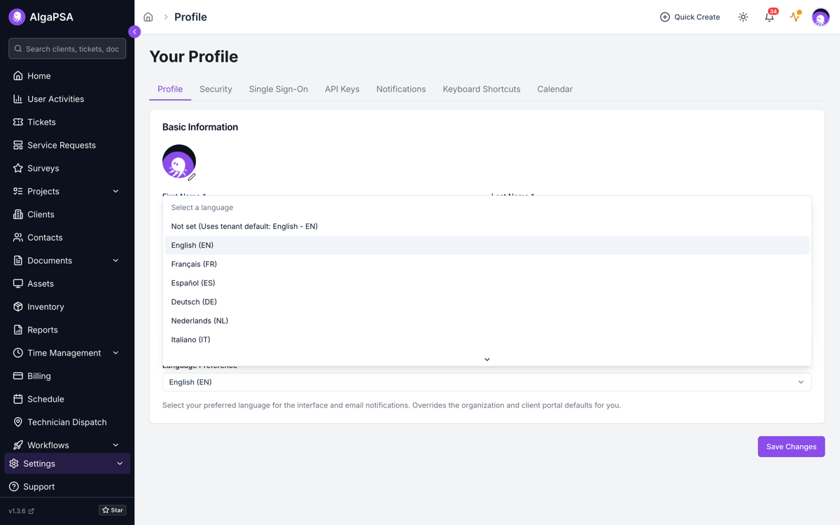 The Your Profile page with the Language Preference dropdown open, listing English, Français, Español, Deutsch, Nederlands, Italiano, and more