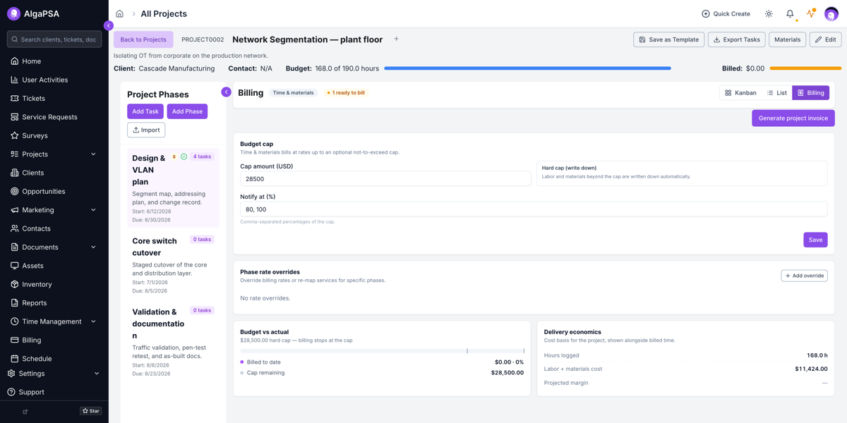 The Billing view of a time-and-materials project showing a budget cap with notify thresholds, phase rate overrides, and budget-vs-actual tracking.