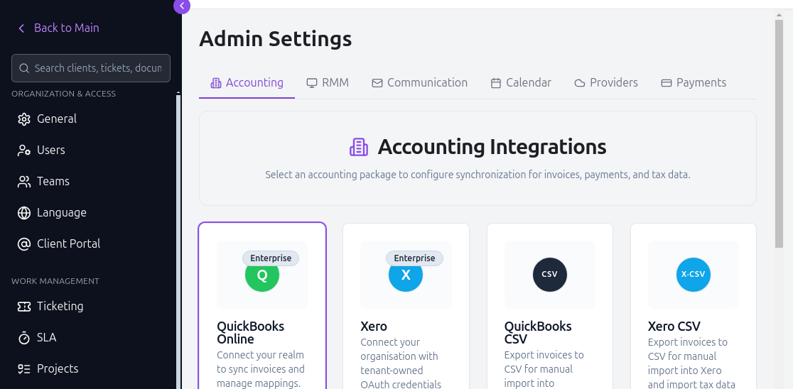 QuickBooks Online shown as an Enterprise integration on the Accounting Integrations page