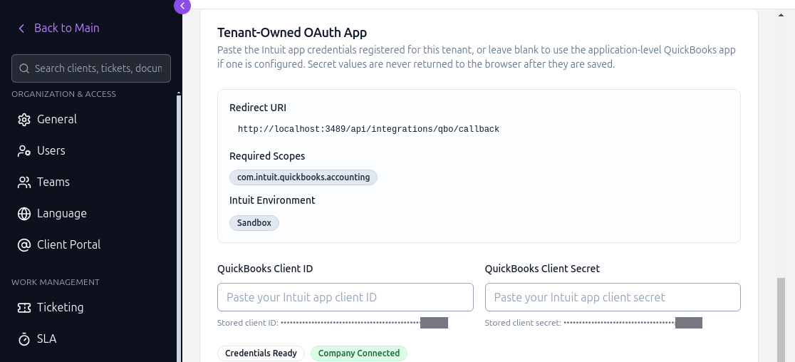 QuickBooks Online credentials card showing the redirect URI, required scopes, sandbox environment, and stored client ID and secret