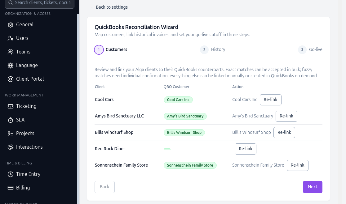 The QuickBooks Reconciliation Wizard matching AlgaPSA clients to QuickBooks customers