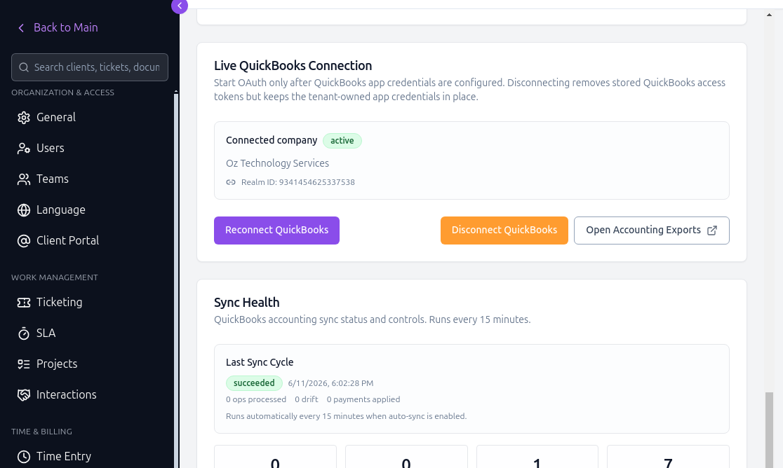 Sync Health panel showing the last cycle result and counters for pending operations, errors, drift, and open exceptions