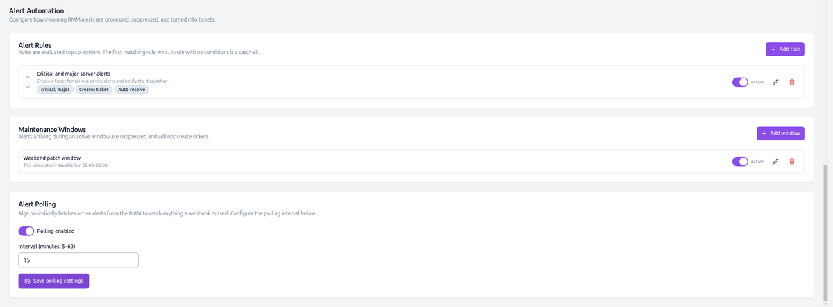 The Alert Automation section showing the Alert Rules, Maintenance Windows, and Alert Polling cards