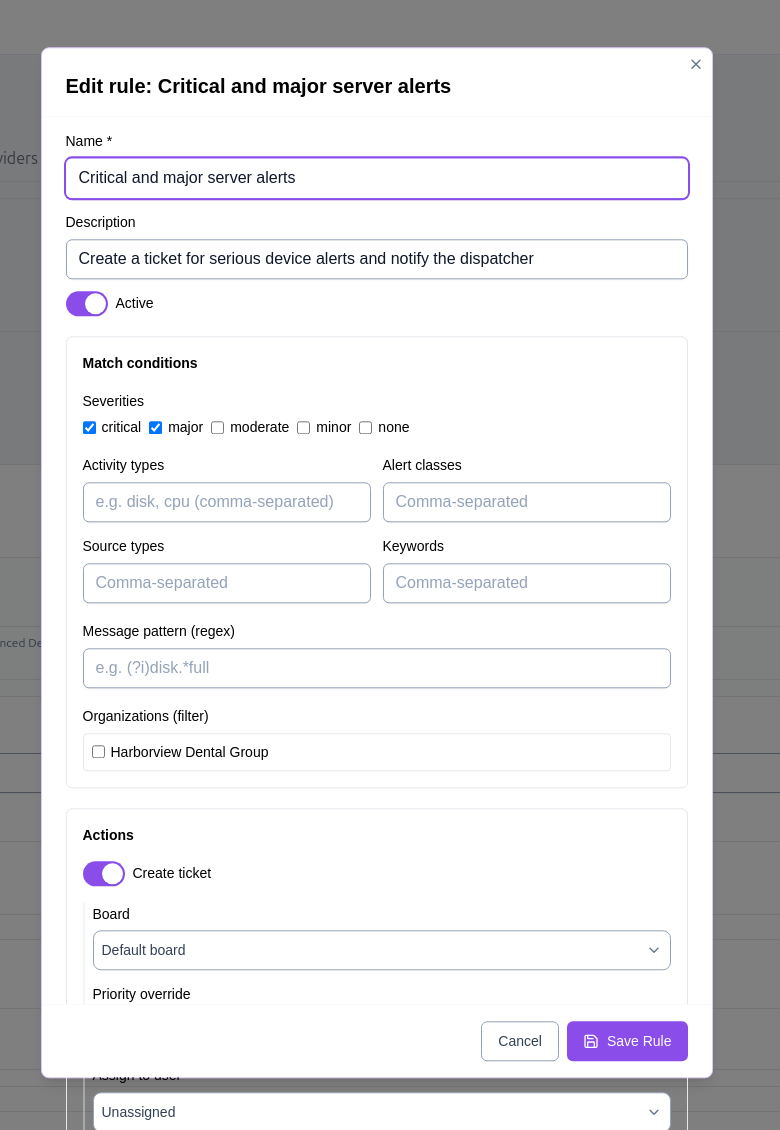 The alert rule editor showing match conditions and ticket actions