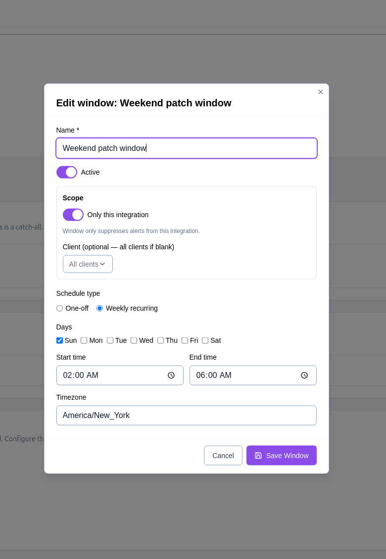 The maintenance window editor showing a weekly Sunday window