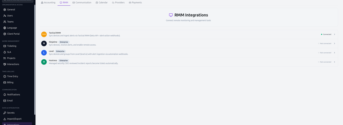 The RMM Integrations page listing Tactical RMM, NinjaOne, Level, and Huntress with connection status