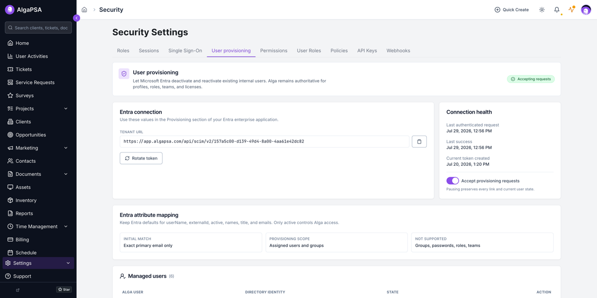 The User provisioning tab in Security Settings, showing the Entra connection tenant URL, rotate token control, connection health, and Entra attribute mapping.
