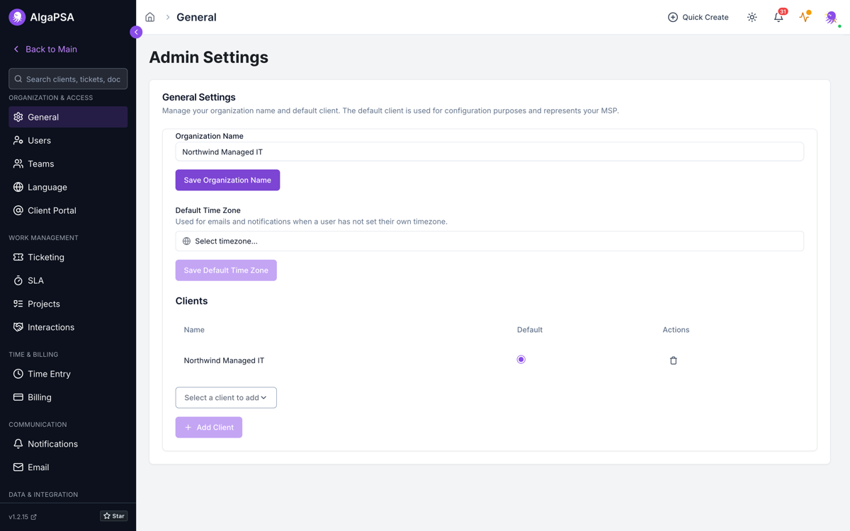 AlgaPSA General Settings page showing the Organization Name field, Default Time Zone selector, and the Clients table with a default client selected