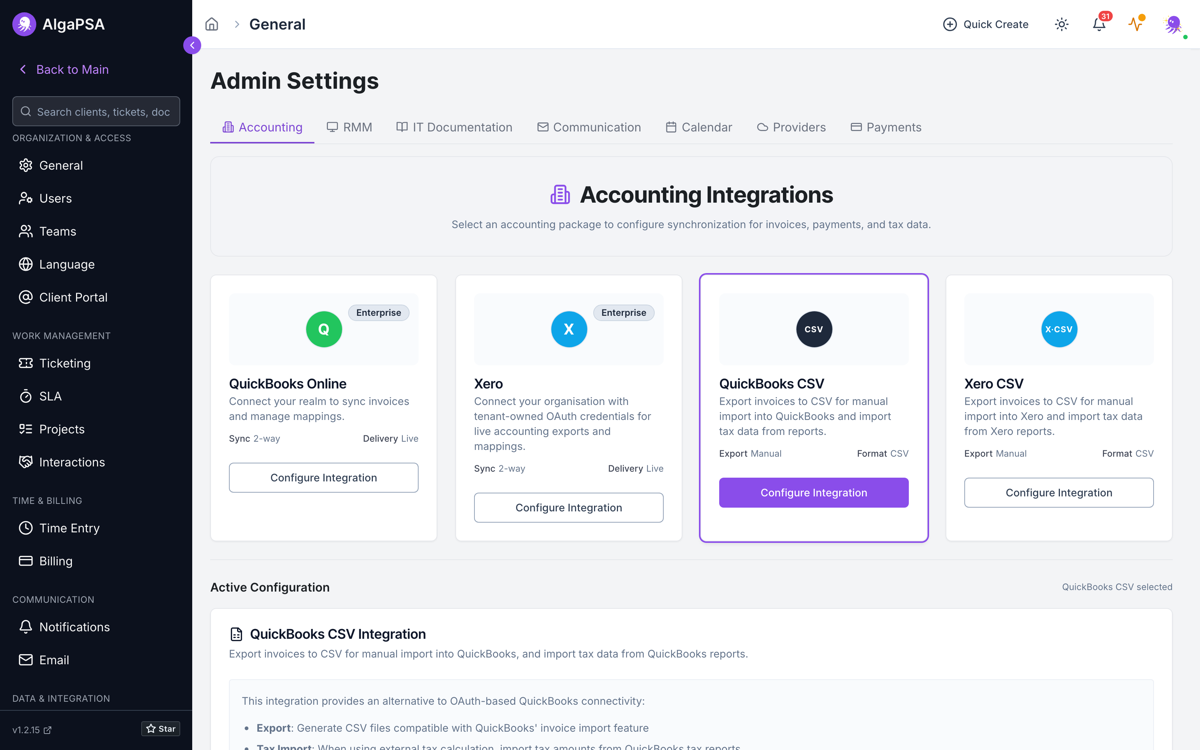 AlgaPSA Integrations settings showing the Accounting tab with QuickBooks Online, Xero, QuickBooks CSV, and Xero CSV integration cards