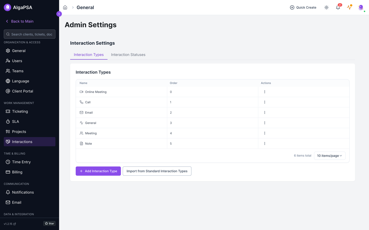 AlgaPSA Interaction Settings page listing interaction types such as Online Meeting, Call, Email, General, Meeting, and Note with their display order