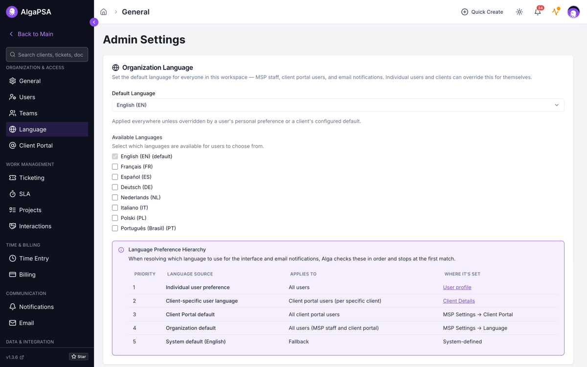 The Organization Language page in Admin Settings with the Default Language dropdown, the Available Languages list, and the Language Preference Hierarchy table